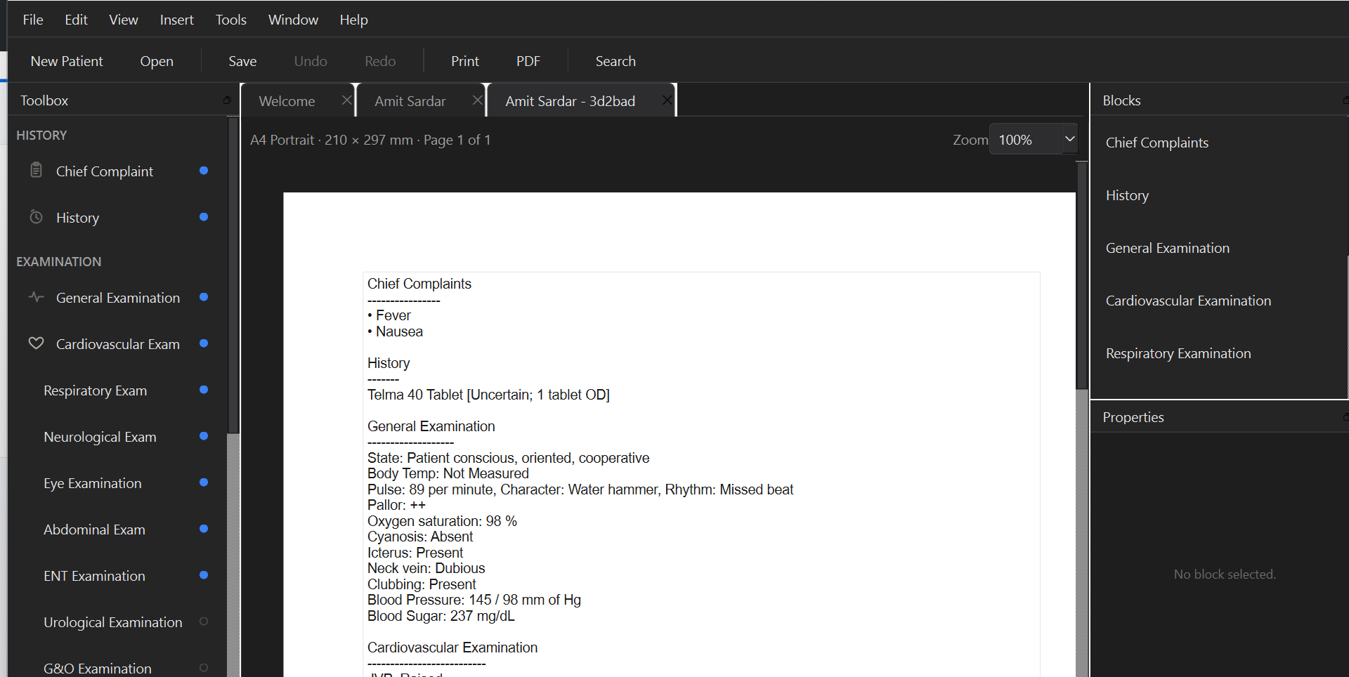 Aster Clinical desktop application showing the clinical visit workspace